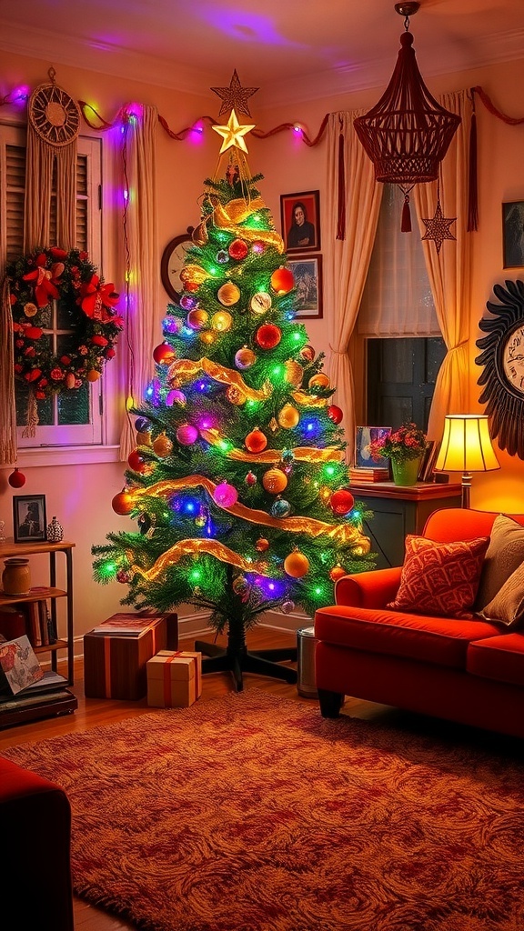 A 70s inspired Christmas living room with a colorful tree, vintage ornaments, and retro decorations.